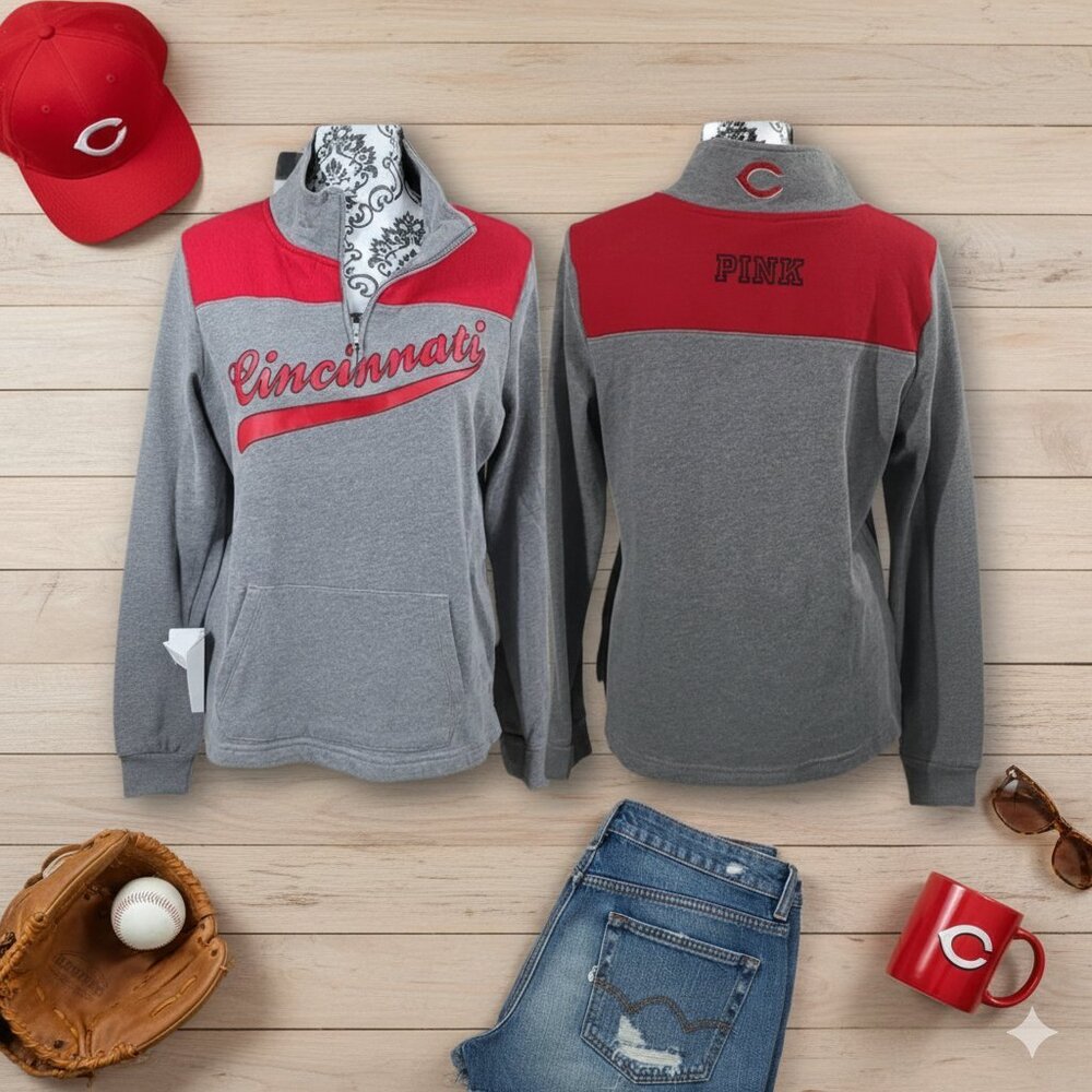 PINK Victoria's Secret Cincinnati Reds Quarter-Zip Pullover | Grey & Red | Med - Picture 8 of 8
